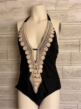 Kona Sol Black Swimsuit with Cream Label Accent
